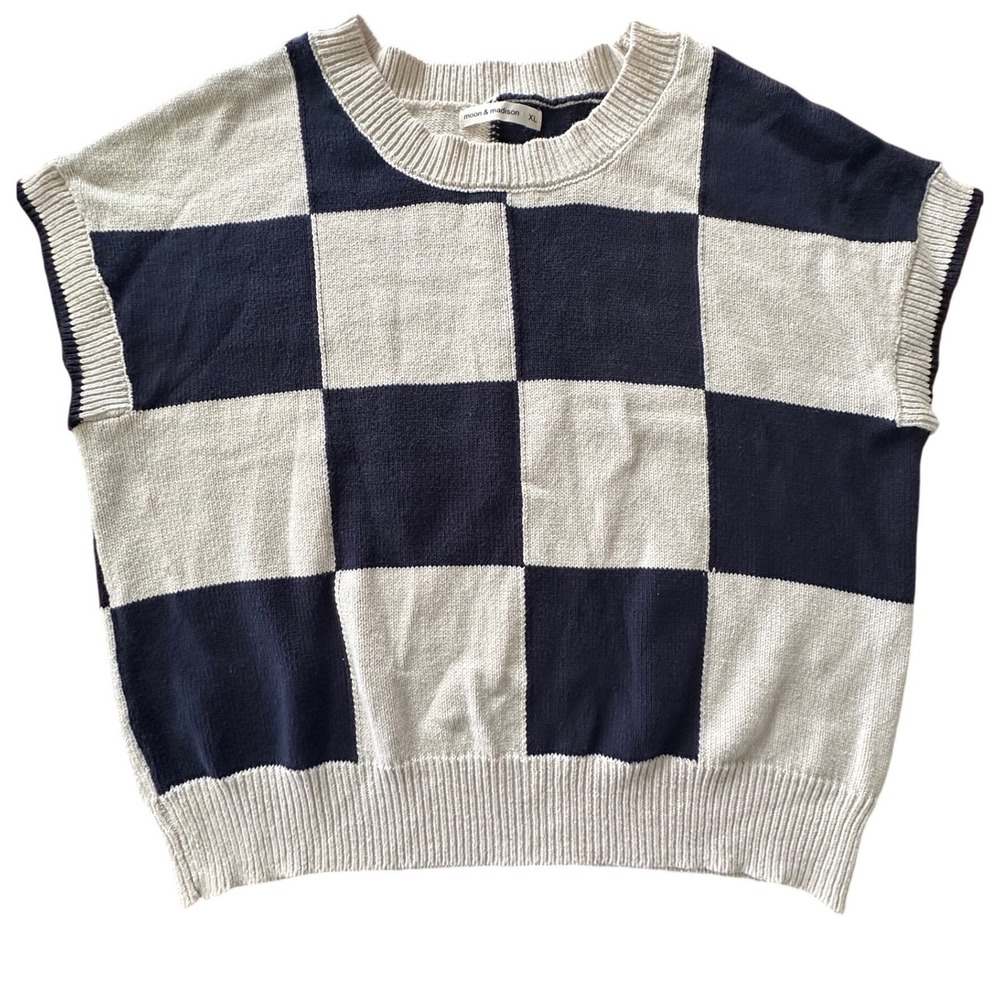 Moon & Madison Navy Blue Cream Checkered Sweater Vest XL ST21777 Crew Neck Knit